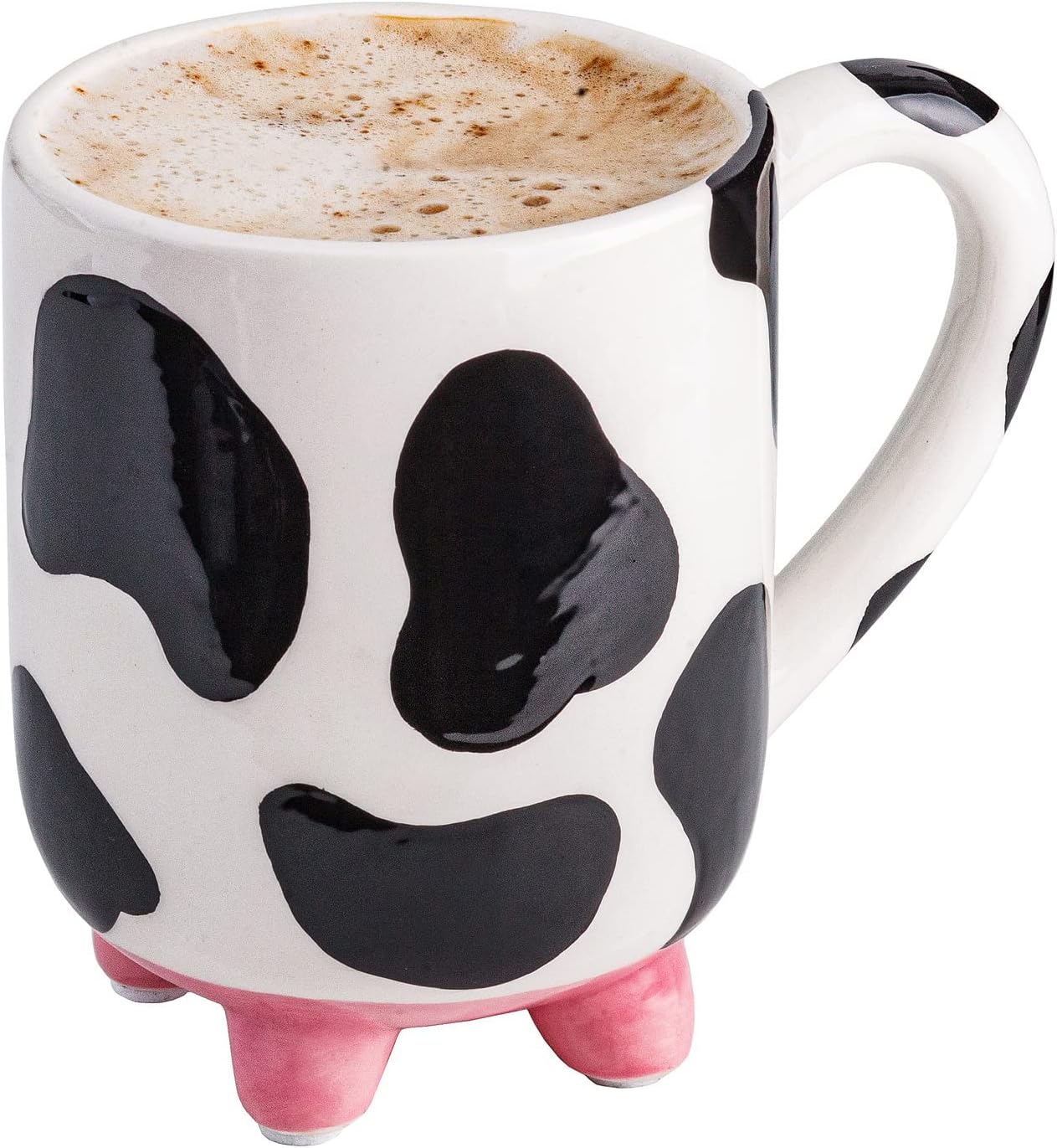 SWEETLO white ceramic mug with bold black cow-print spots and playful pink feet.
